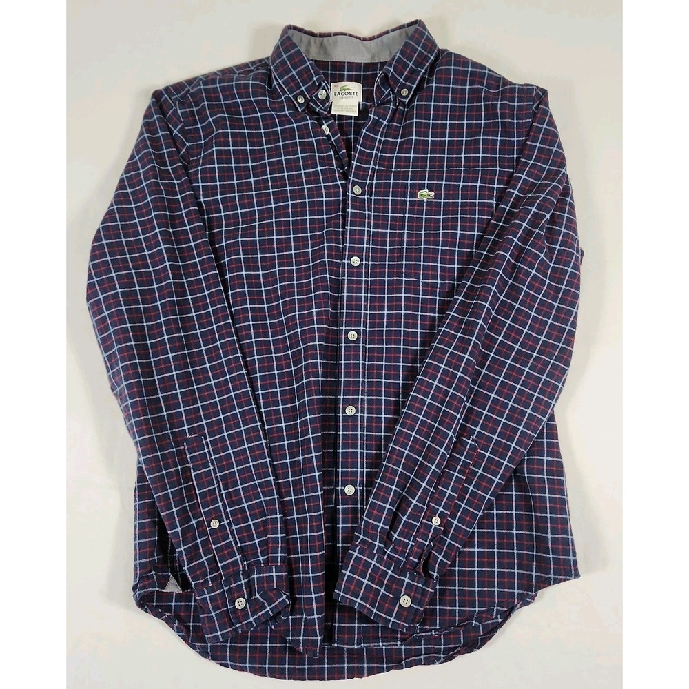 Lacoste Button Down Mens 40 Blue Plaid Classic Fit‎ Long Sleeve Flannel CH3220